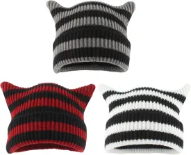 yolrdiw Y2k Emo Accessories Grunge Clothes 3 Piece Funny Cat Ear Hat Striped Crochet Beanie